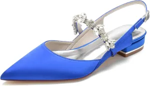 Women's Slingback Satin Wedding Flats Rhinestone Bridal Shoes Pointed Toe Prom Evening Bridal Party Dress Flats