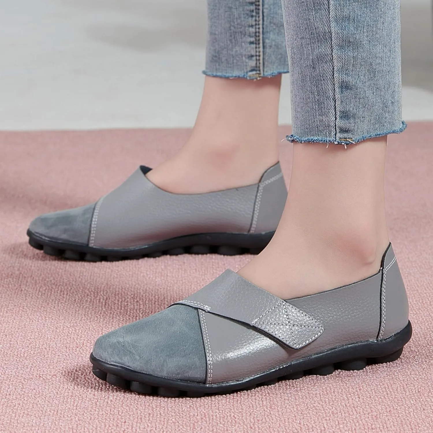 Women's Soft Leather Casual Slip On Flat Loafers Round Toe Adjustable Hook and Loop Comfort Walking Driving Shoes