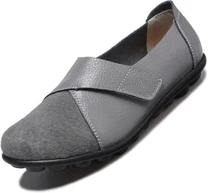 Women's Soft Leather Casual Slip On Flat Loafers Round Toe Adjustable Hook and Loop Comfort Walking Driving Shoes