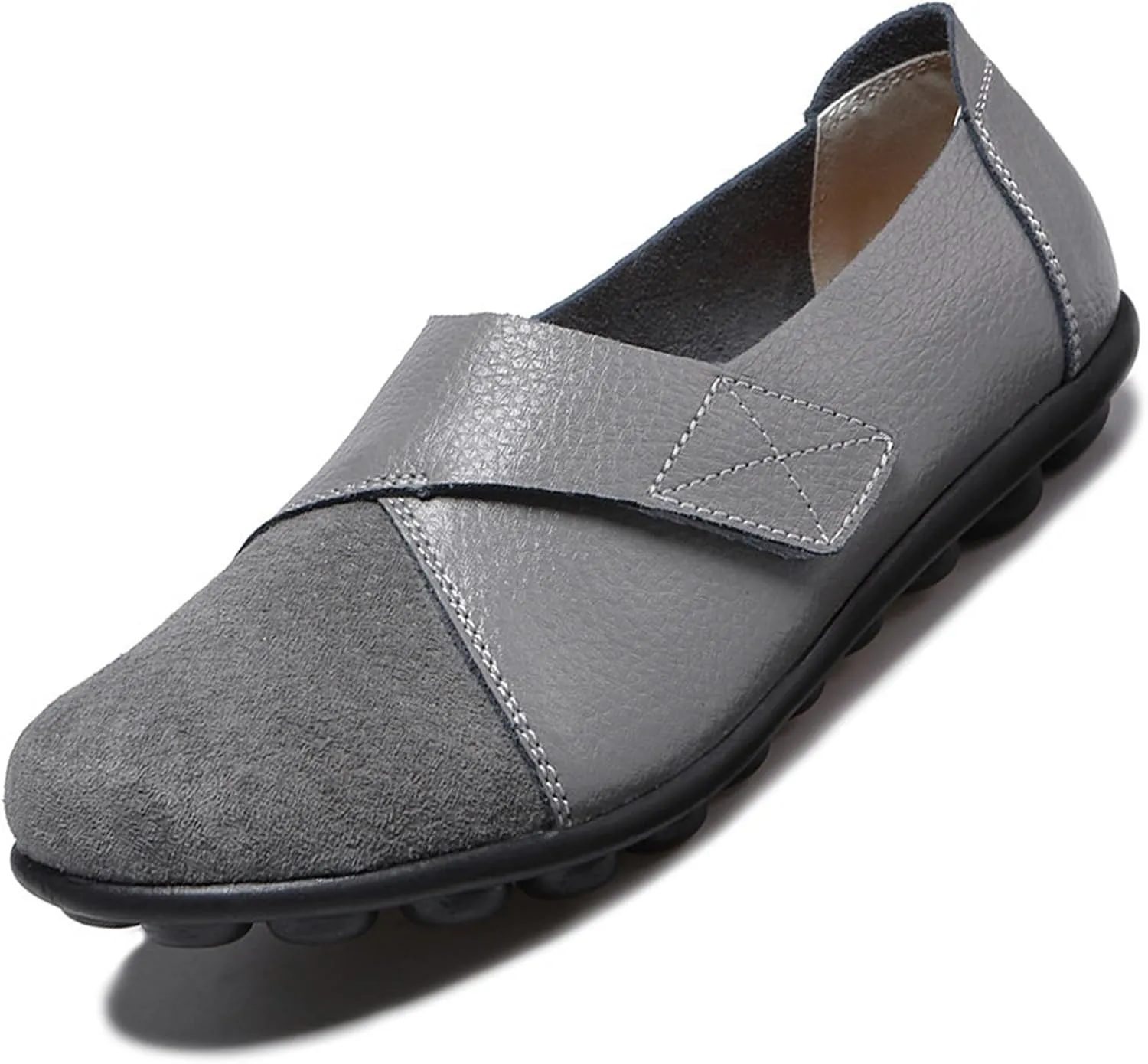 Women's Soft Leather Casual Slip On Flat Loafers Round Toe Adjustable Hook and Loop Comfort Walking Driving Shoes
