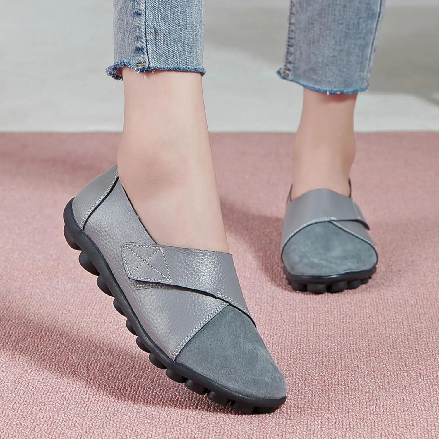 Women's Soft Leather Casual Slip On Flat Loafers Round Toe Adjustable Hook and Loop Comfort Walking Driving Shoes