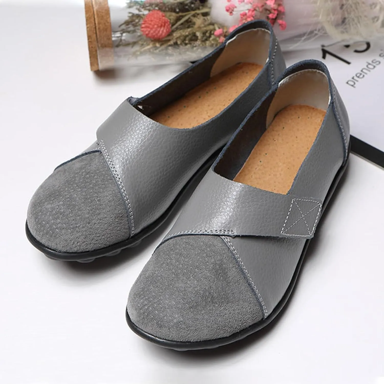 Women's Soft Leather Casual Slip On Flat Loafers Round Toe Adjustable Hook and Loop Comfort Walking Driving Shoes