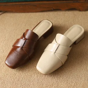 Womens Square Toe Solid Color Vintage Low Heel Mules Shoes