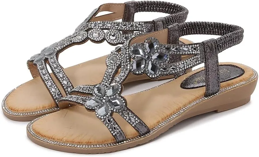 Women's T-Strap Beaded Flower Rhinestone Flat Sandals Dress Beach Shoes