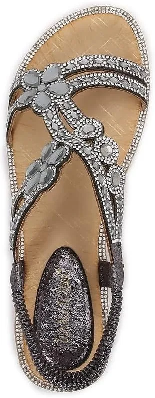 Women's T-Strap Beaded Flower Rhinestone Flat Sandals Dress Beach Shoes