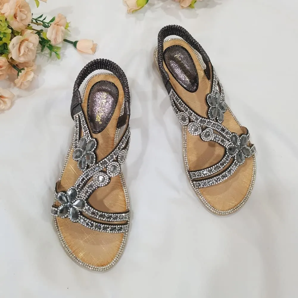 Women's T-Strap Beaded Flower Rhinestone Flat Sandals Dress Beach Shoes