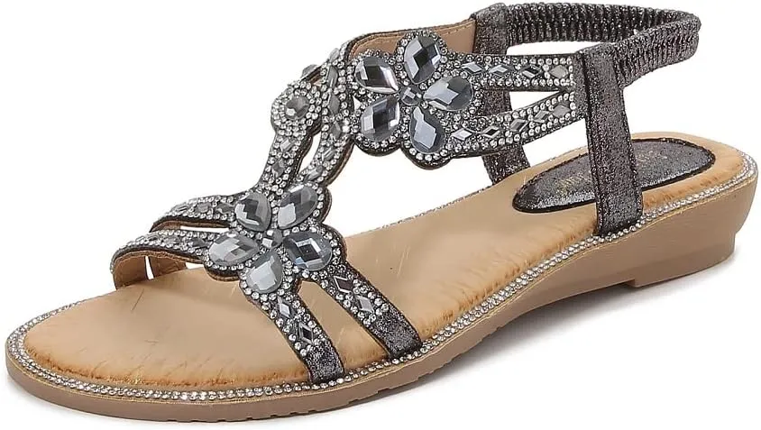 Women's T-Strap Beaded Flower Rhinestone Flat Sandals Dress Beach Shoes