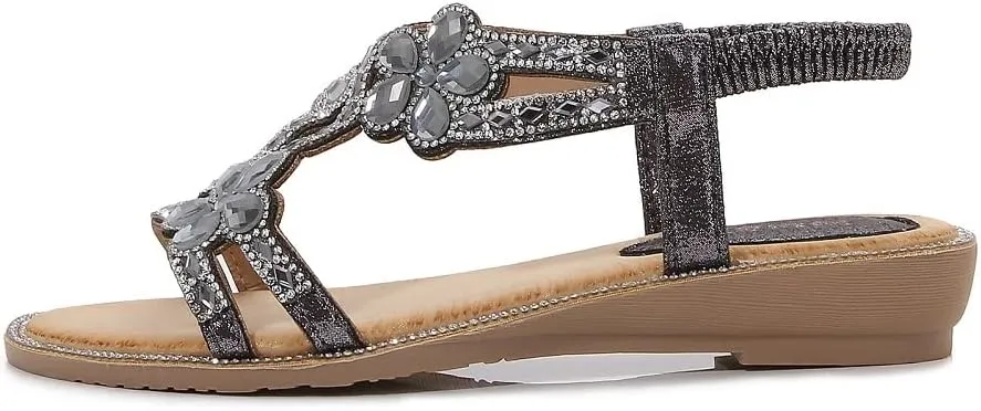 Women's T-Strap Beaded Flower Rhinestone Flat Sandals Dress Beach Shoes