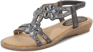 Women's T-Strap Beaded Flower Rhinestone Flat Sandals Dress Beach Shoes