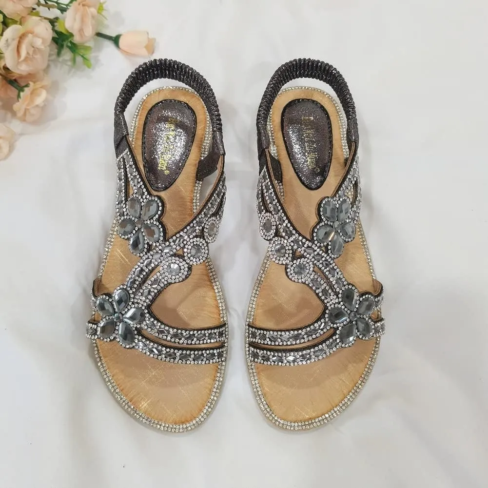 Women's T-Strap Beaded Flower Rhinestone Flat Sandals Dress Beach Shoes