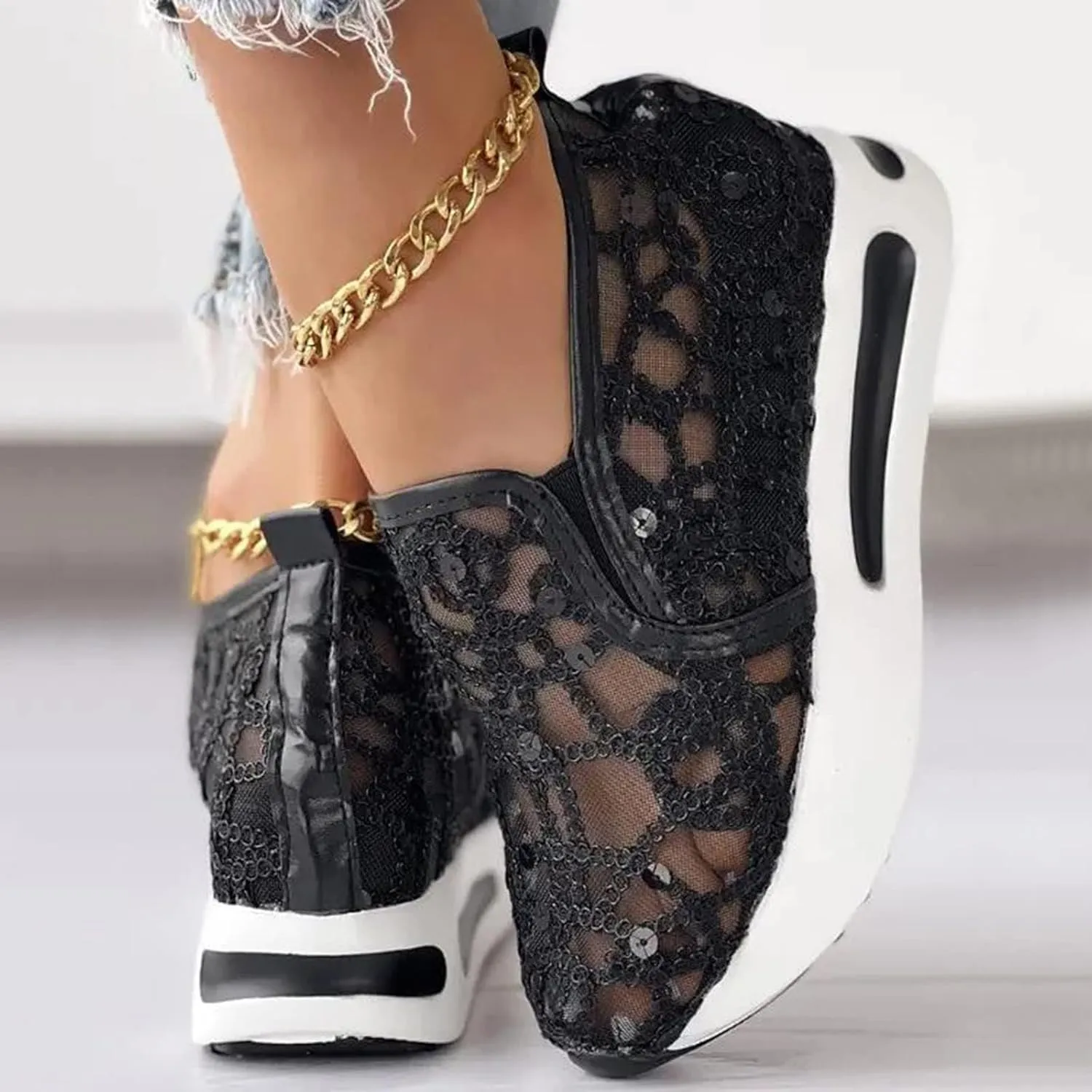 Womens Tennis Shoes Embroidery Floral Mesh Breathable Sneakers Platform Wedge Non-Slip Athletic Walking Shoes Comfort Chunky Sole Hidden High Heels Slip On Loafers