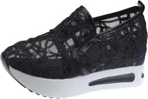 Womens Tennis Shoes Embroidery Floral Mesh Breathable Sneakers Platform Wedge Non-Slip Athletic Walking Shoes Comfort Chunky Sole Hidden High Heels Slip On Loafers