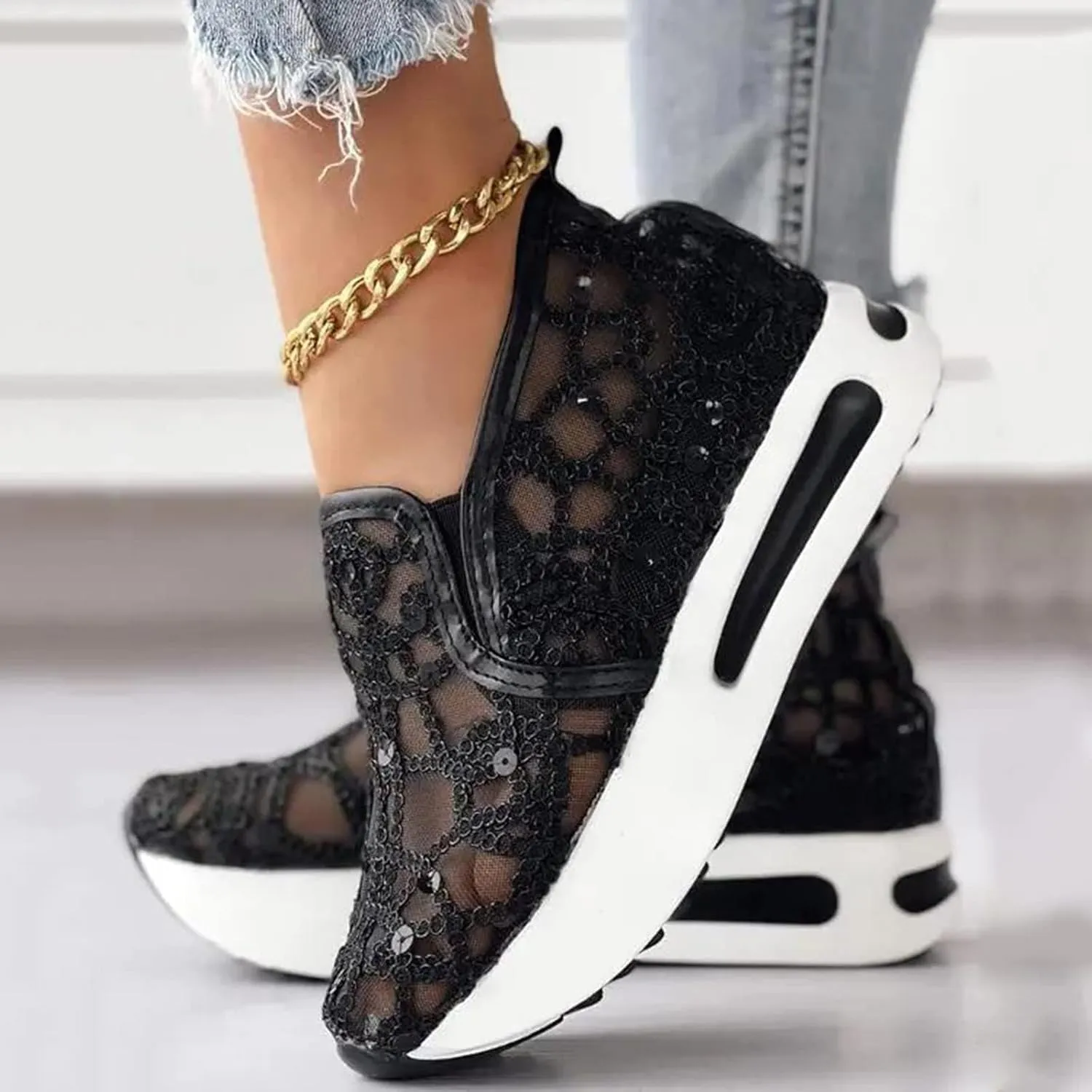 Womens Tennis Shoes Embroidery Floral Mesh Breathable Sneakers Platform Wedge Non-Slip Athletic Walking Shoes Comfort Chunky Sole Hidden High Heels Slip On Loafers