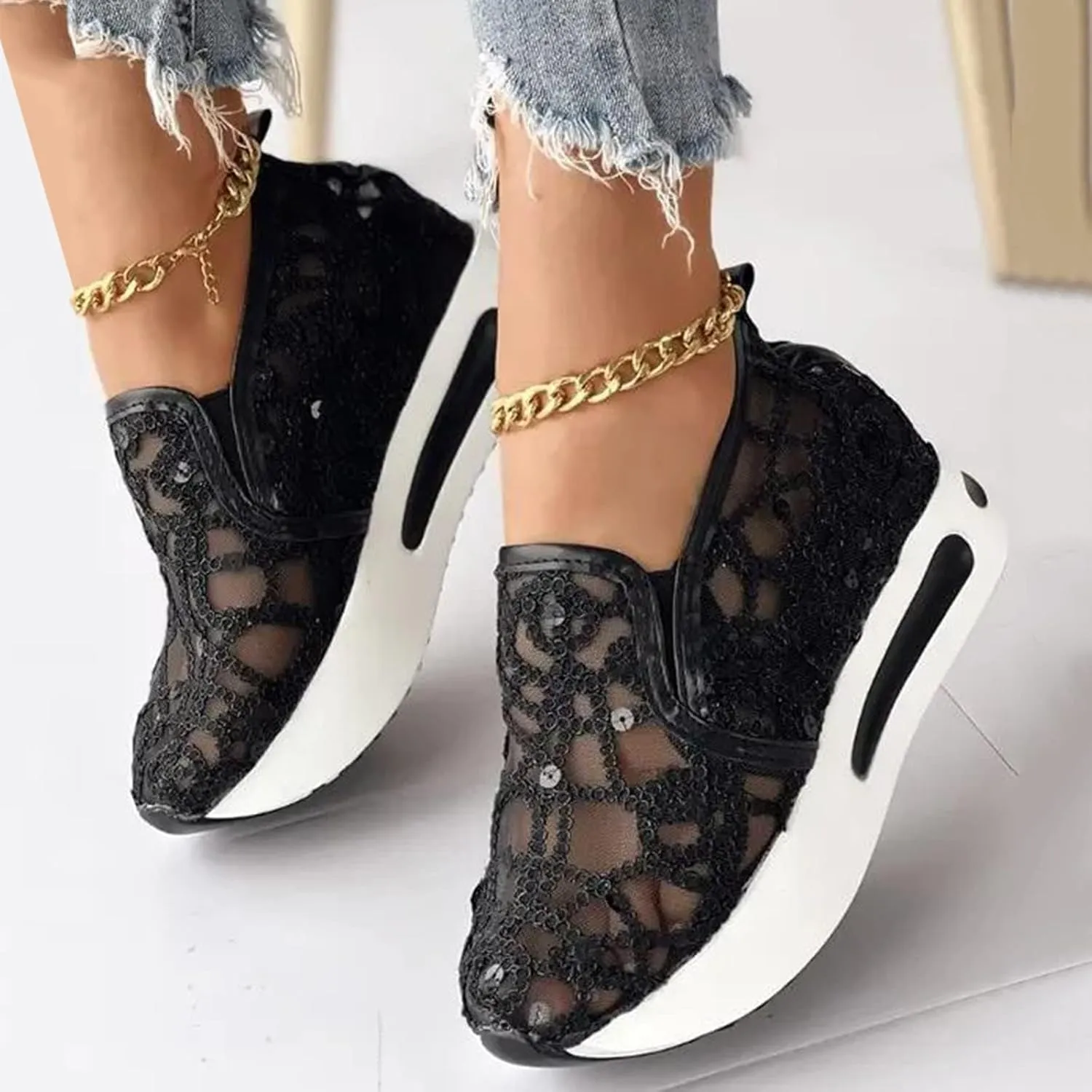 Womens Tennis Shoes Embroidery Floral Mesh Breathable Sneakers Platform Wedge Non-Slip Athletic Walking Shoes Comfort Chunky Sole Hidden High Heels Slip On Loafers