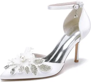 Women's Wedding Shoes Sparkly Rhinestone Stiletto Pumps Pointed Toe Ankle Strap High Heel Bridal Party Dress Shoes