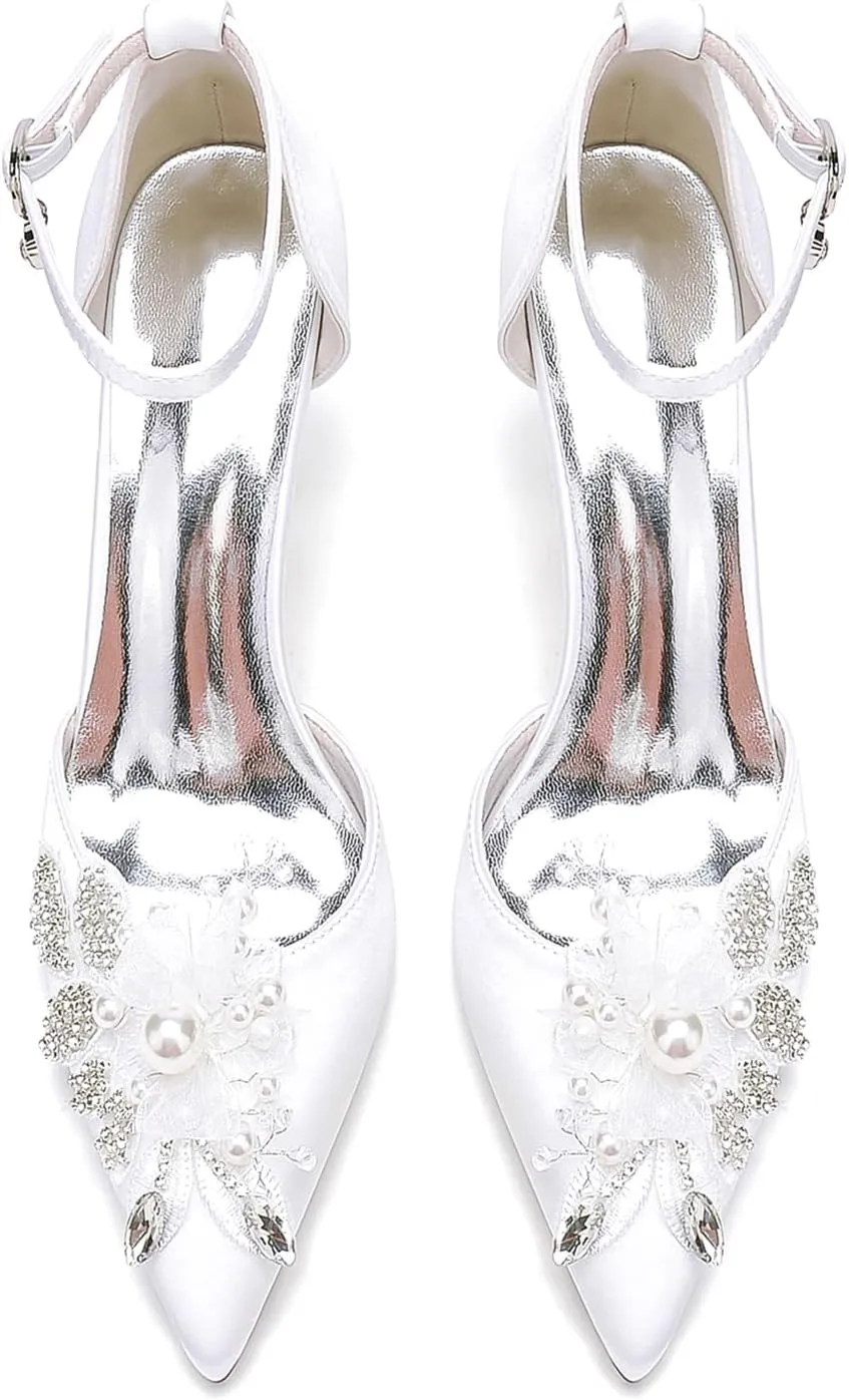 Women's Wedding Shoes Sparkly Rhinestone Stiletto Pumps Pointed Toe Ankle Strap High Heel Bridal Party Dress Shoes