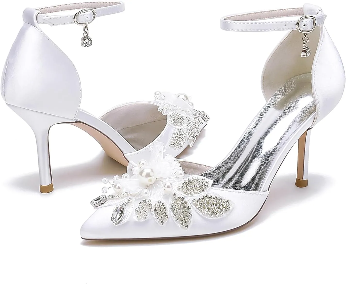 Women's Wedding Shoes Sparkly Rhinestone Stiletto Pumps Pointed Toe Ankle Strap High Heel Bridal Party Dress Shoes