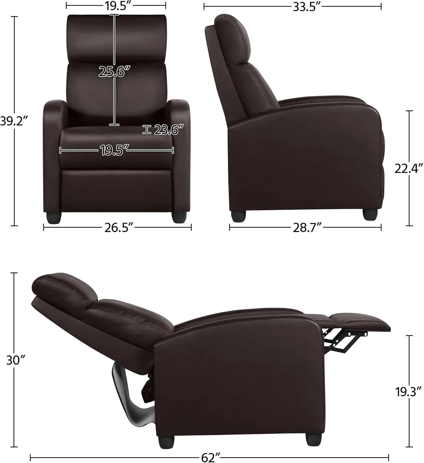 Yaheetech Recliner Chair Faux Leather Recliner Sofa Adjustable Modern Seat Club Chair Home Theater Seating Brown