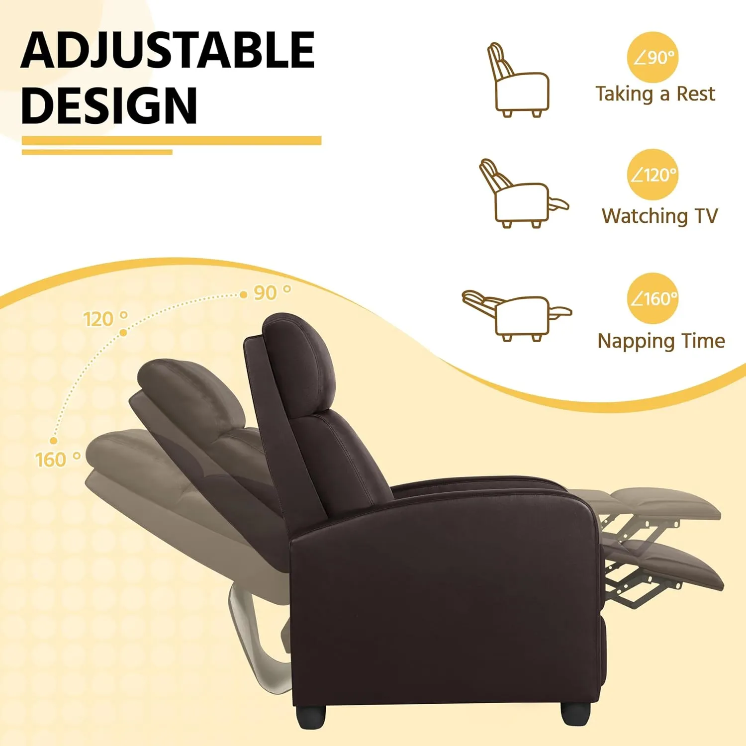 Yaheetech Recliner Chair Faux Leather Recliner Sofa Adjustable Modern Seat Club Chair Home Theater Seating Brown