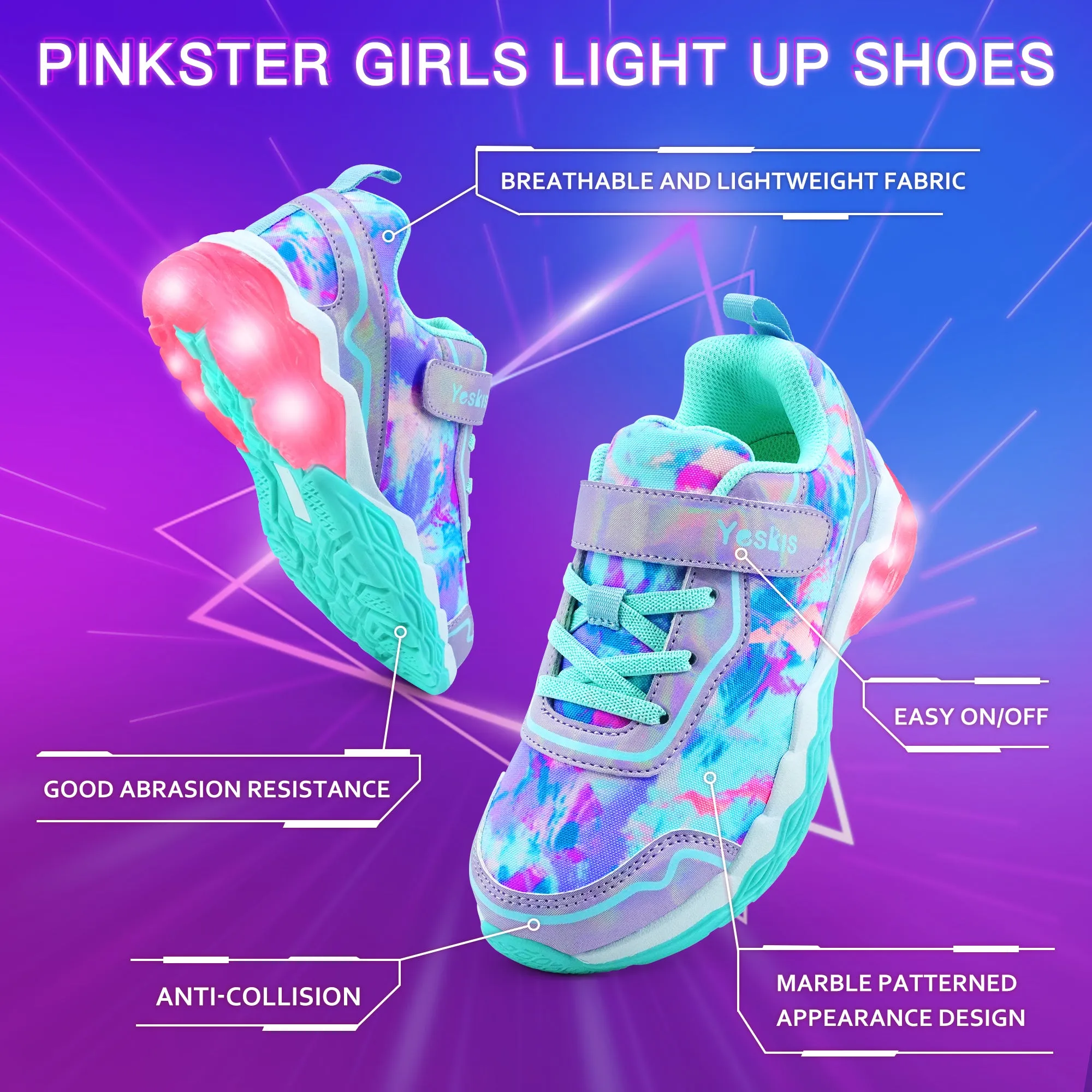 YESKIS Pinkster Girls Lightweight Light Up Sneakers Purple