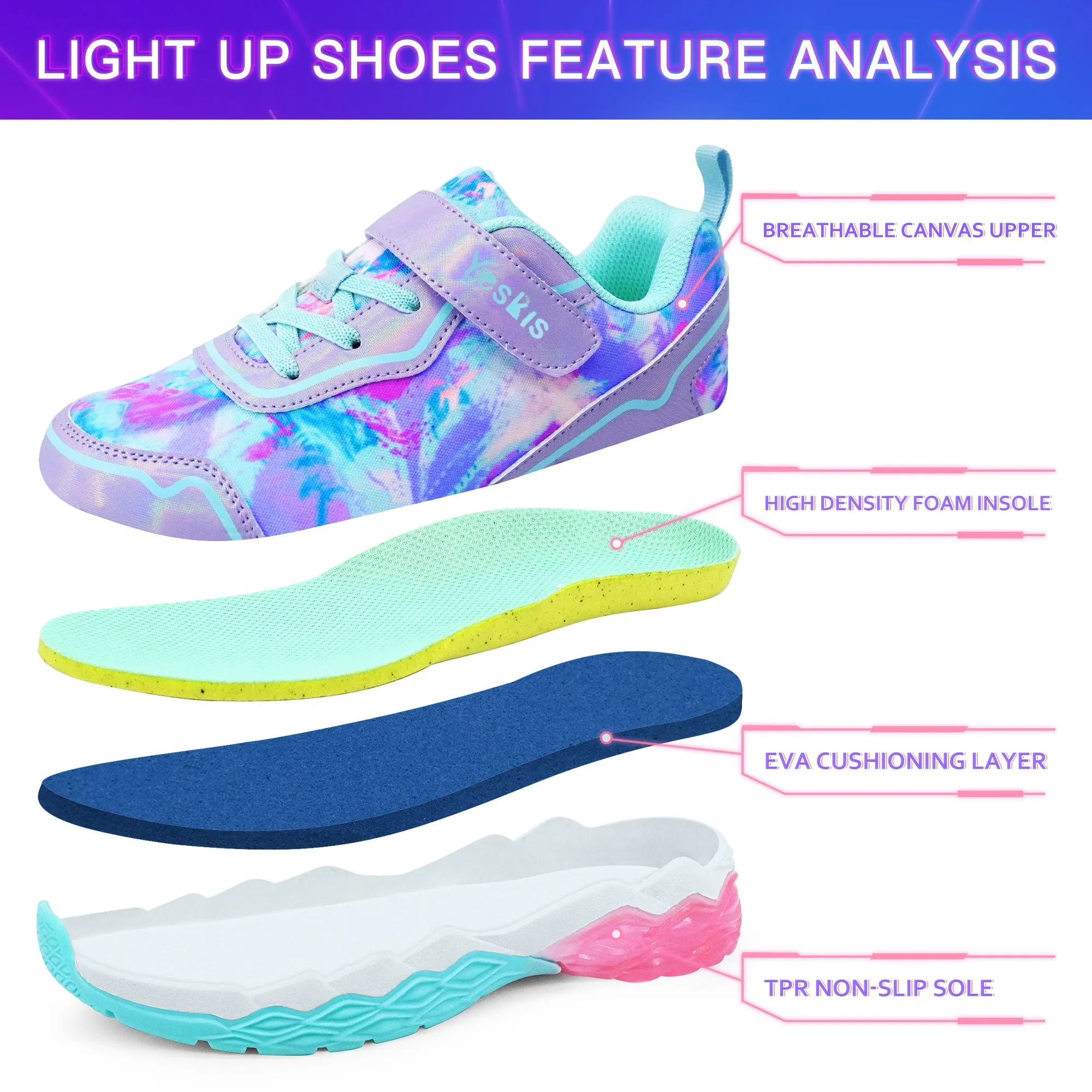 YESKIS Pinkster Girls Lightweight Light Up Sneakers Purple