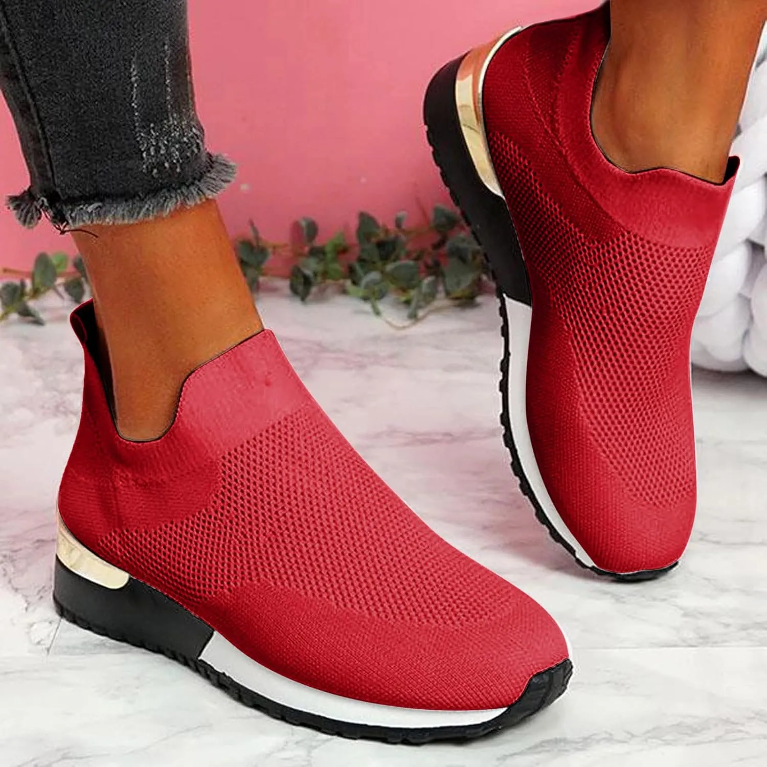 ZSpzx Womens Walking Shoes Sock Tennis Air Cushioned Mesh Flat Breathable Running Sneakers Ladies Fashion Casual Boat Shoes Comfy Slip On Arch Support Lightweight Slip On Shoe for Outdoor Indoor