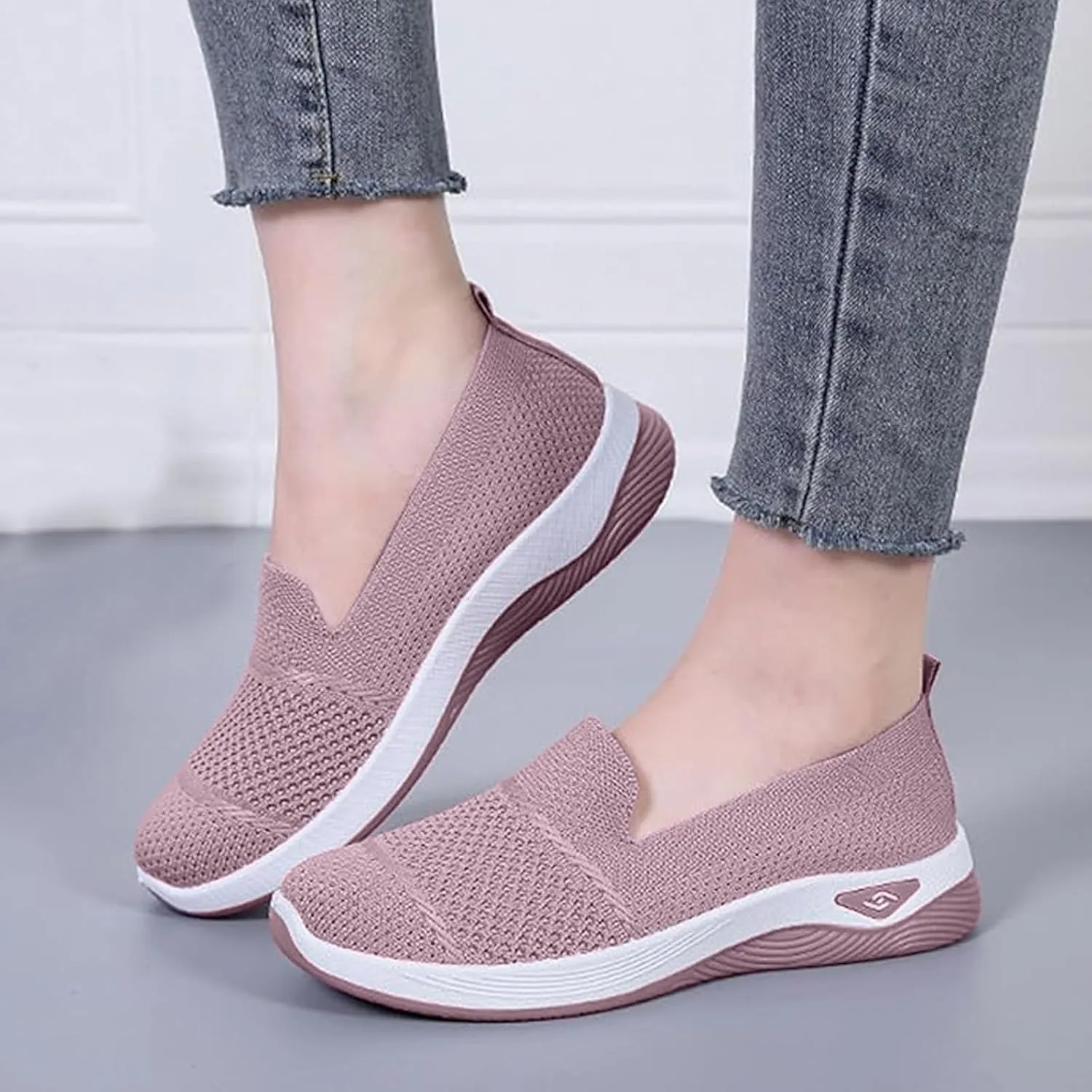 ZWRXW Slip On Orthopedic Sneakers Women Knitted Woven Breathable Soft Shoe Casual Mesh-Comfortable Tennis Shoes Arch Support Diabetic Foam Walking Shoes Workout Athletic Sneakers