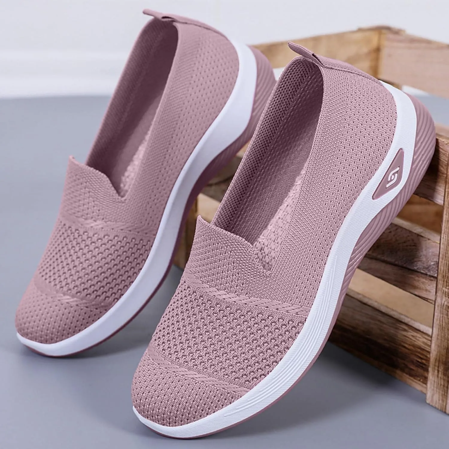 ZWRXW Slip On Orthopedic Sneakers Women Knitted Woven Breathable Soft Shoe Casual Mesh-Comfortable Tennis Shoes Arch Support Diabetic Foam Walking Shoes Workout Athletic Sneakers